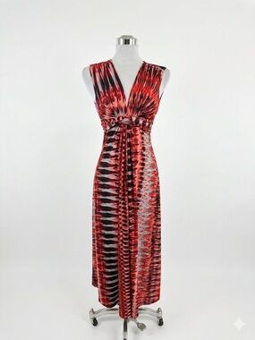 Courage.b Sleeveless Red Patterned V-Neck Midi Dress with Knot Waist